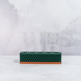 "Front view of empty COPPER AND FOREST GREEN Propagation Station, showcasing five clear tubes in a copper block with forest green accents."